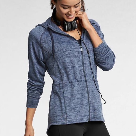 ATHLETA Heathered Blue Hooded Sweatshirt No Sweat Jacket Full Zip Pockets Size M - Picture 1 of 10